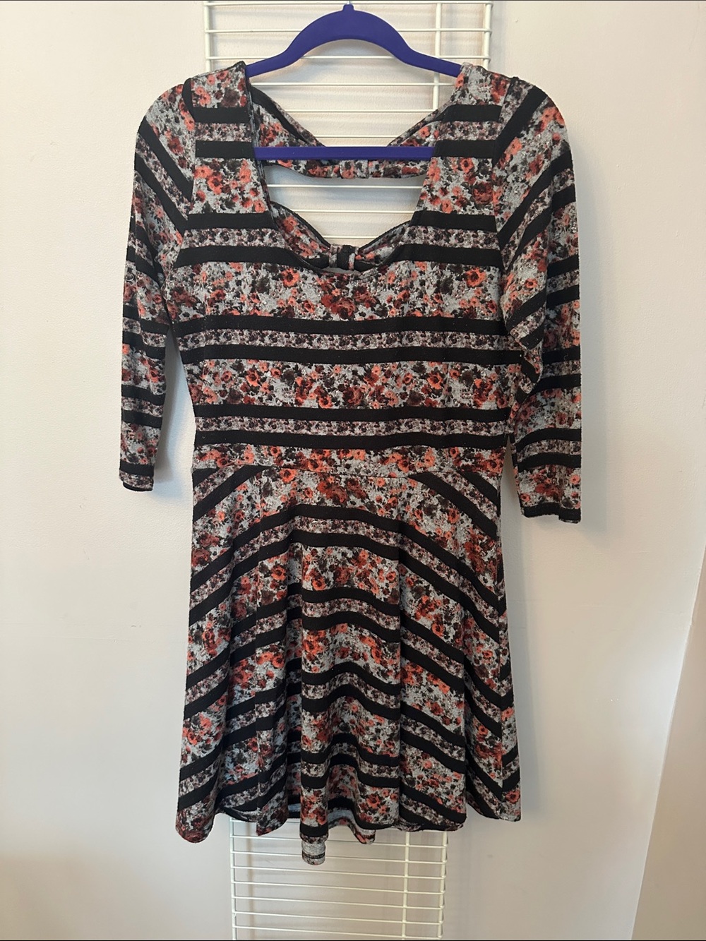 American Rag Black and Rust Floral-Stripe Long Sleeve Dress